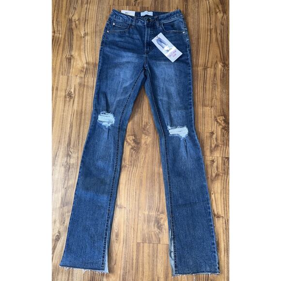 Vanilla Star Womens Blue Split Hem Denim High-Waisted Jeans Juniors 1/25 NEW NWT - Picture 1 of 6